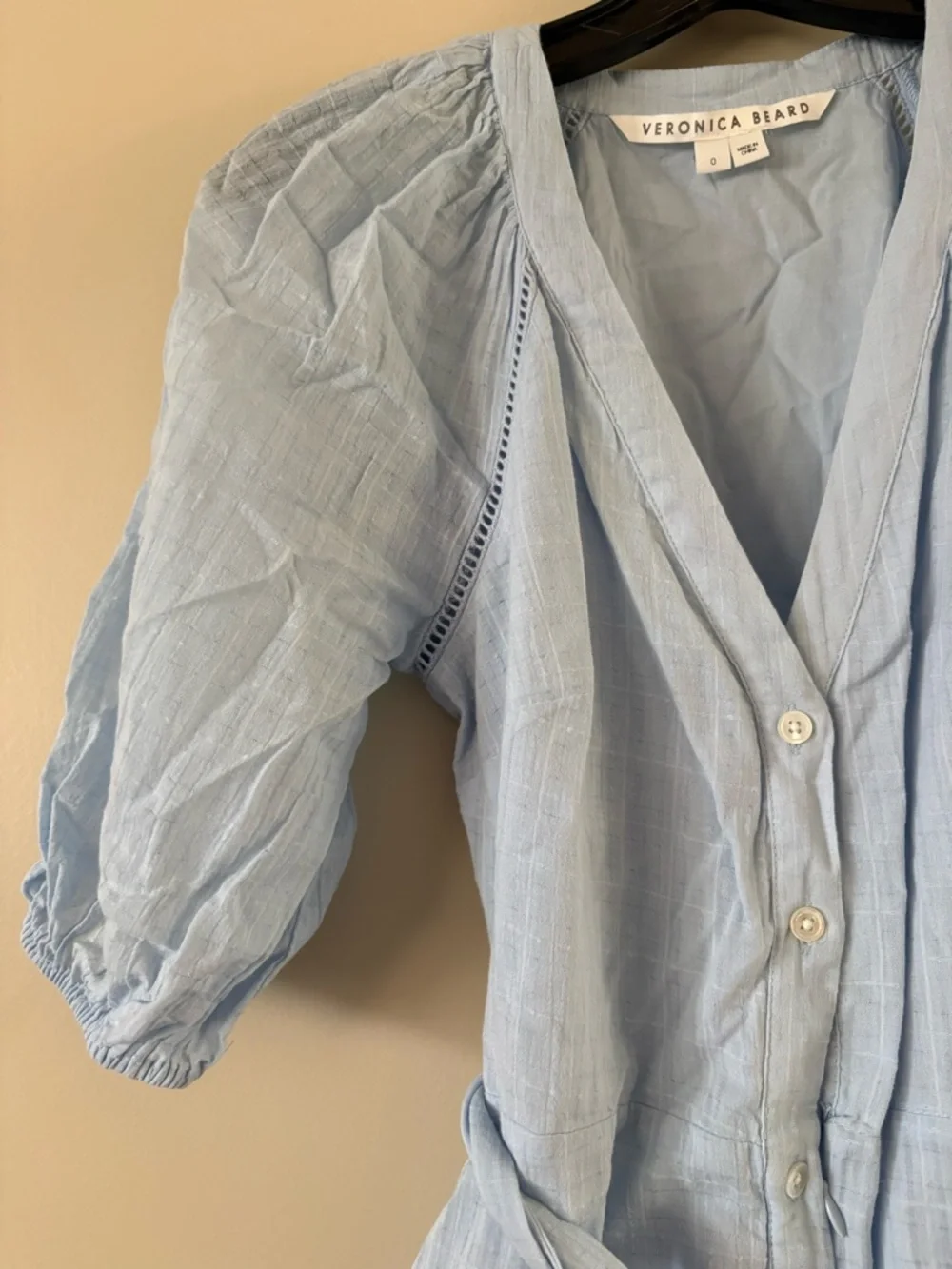 Veronica Beard Pale Blue Cotton Tiered Dress with Lace Trim - Picture 3 of 5